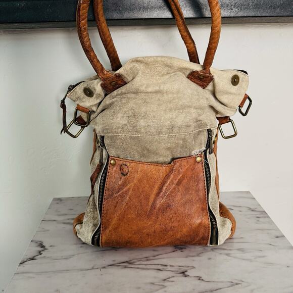Mona B Tan Canvas And Leather Satchel Shoulder Bag - Picture 2 of 10
